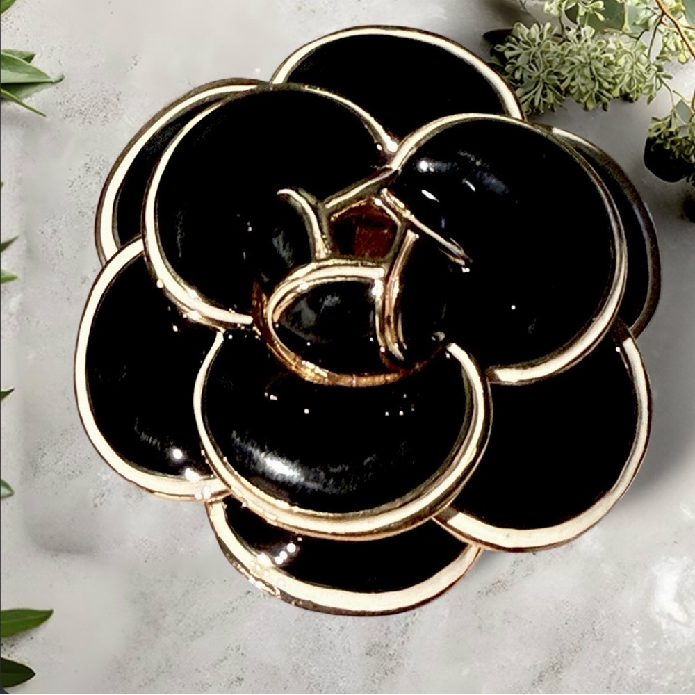 Black Enamel Camellia Brooch with Gold Trim and White Accents - Picture 2 of 5